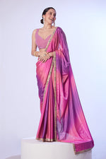 Thumbnail for Monjolika Fashion Pink & Lavender Chinon Lace Work Saree With Unstitched Blouse For Women