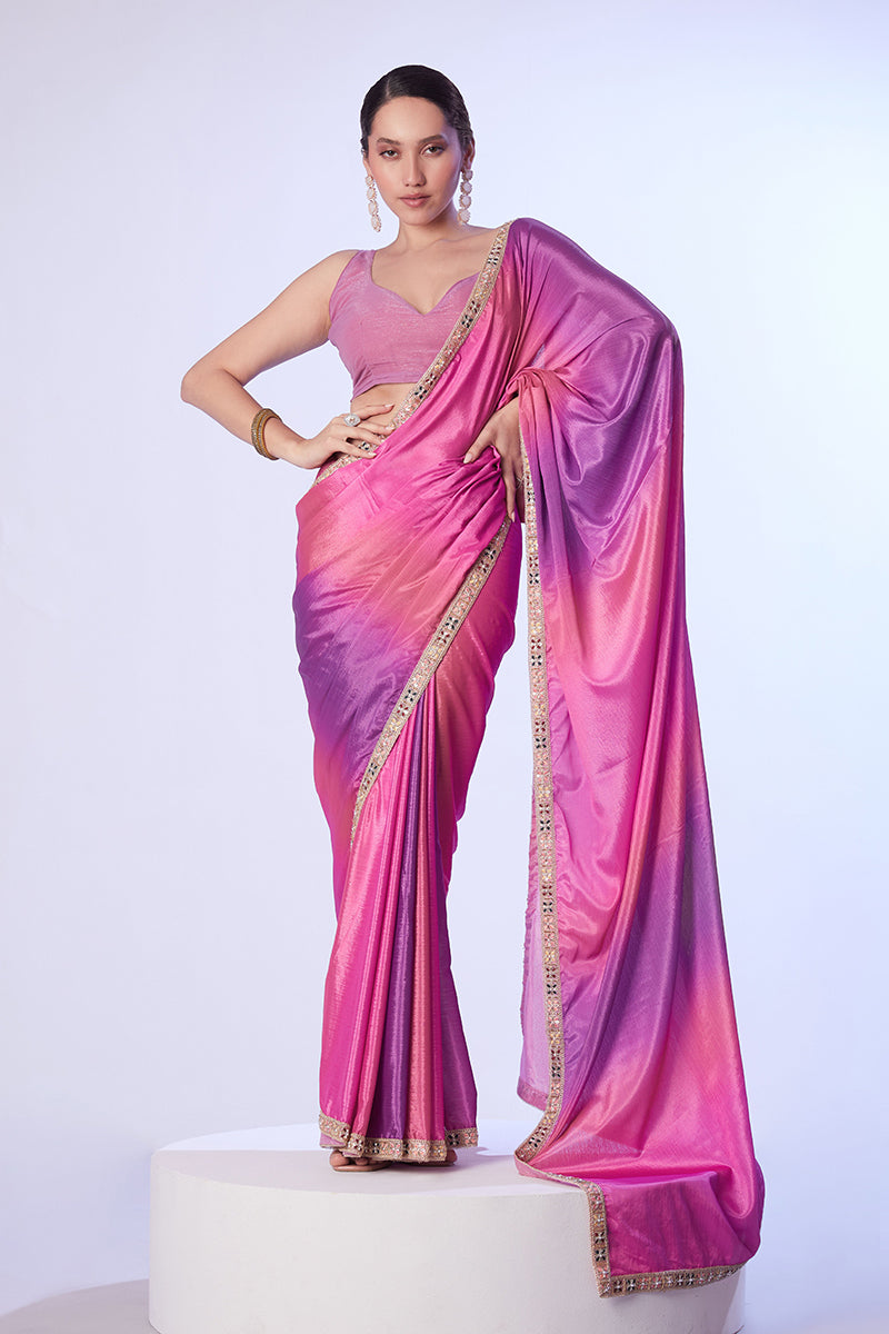 Monjolika Fashion Pink & Lavender Chinon Lace Work Saree With Unstitched Blouse For Women