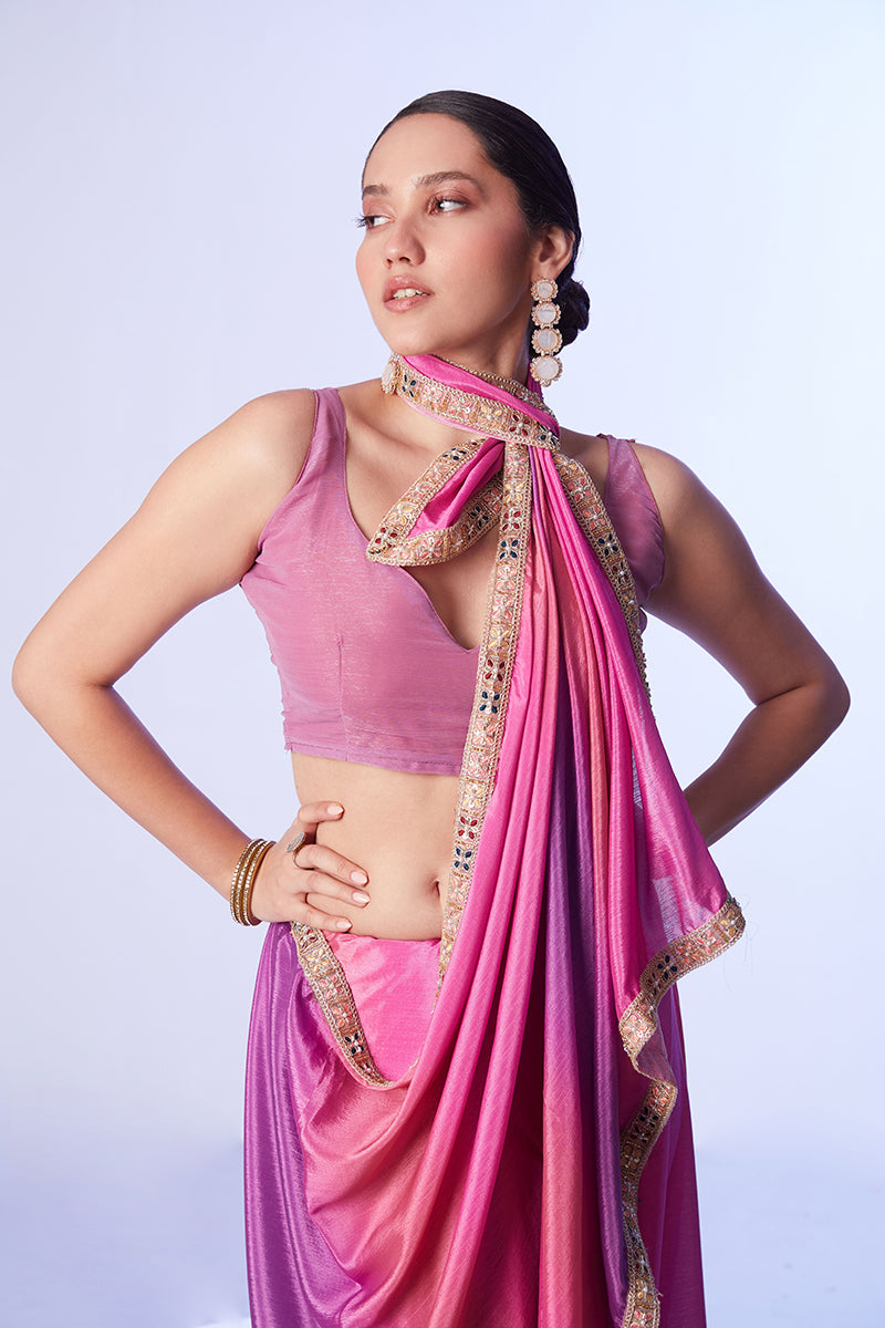 Monjolika Fashion Pink & Lavender Chinon Lace Work Saree With Unstitched Blouse For Women