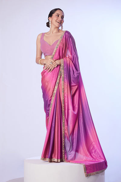 Monjolika Fashion Pink & Lavender Chinon Lace Work Saree With Unstitched Blouse For Women