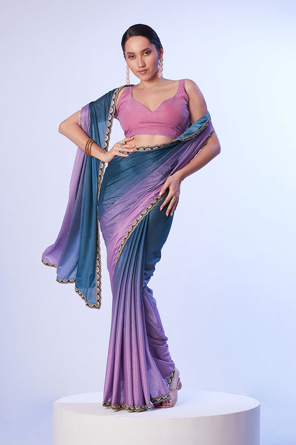 Monjolika Fashion Blue and Lavender Lace Ceremonial Chinon Classic Saree
