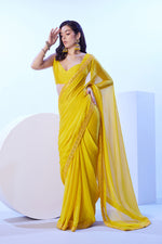Thumbnail for Monjolika Fashion Yellow Moss Lace Work Saree With Unstitched Blouse For Women