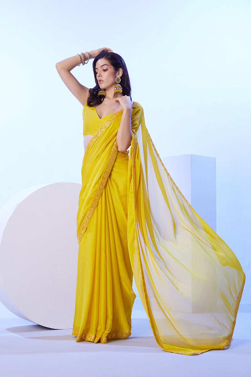 Monjolika Fashion Yellow Moss Lace Work Saree With Unstitched Blouse For Women