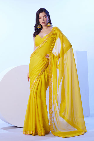 Monjolika Fashion Yellow Moss Lace Work Saree With Unstitched Blouse For Women