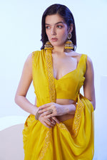 Thumbnail for Monjolika Fashion Yellow Moss Lace Work Saree With Unstitched Blouse For Women