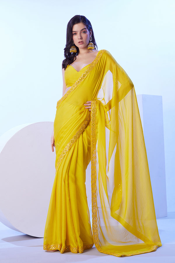 Monjolika Fashion Yellow Moss Lace Work Saree With Unstitched Blouse For Women