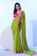 Thumbnail for Monjolika Fashion Parrot Green Moss Lace Work Saree With Unstitched Blouse For Women