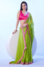 Thumbnail for Monjolika Fashion Parrot Green Moss Lace Work Saree With Unstitched Blouse For Women