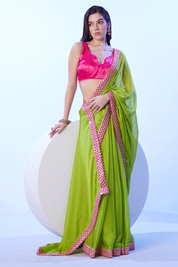 Monjolika Fashion Parrot Green Moss Lace Work Saree With Unstitched Blouse For Women