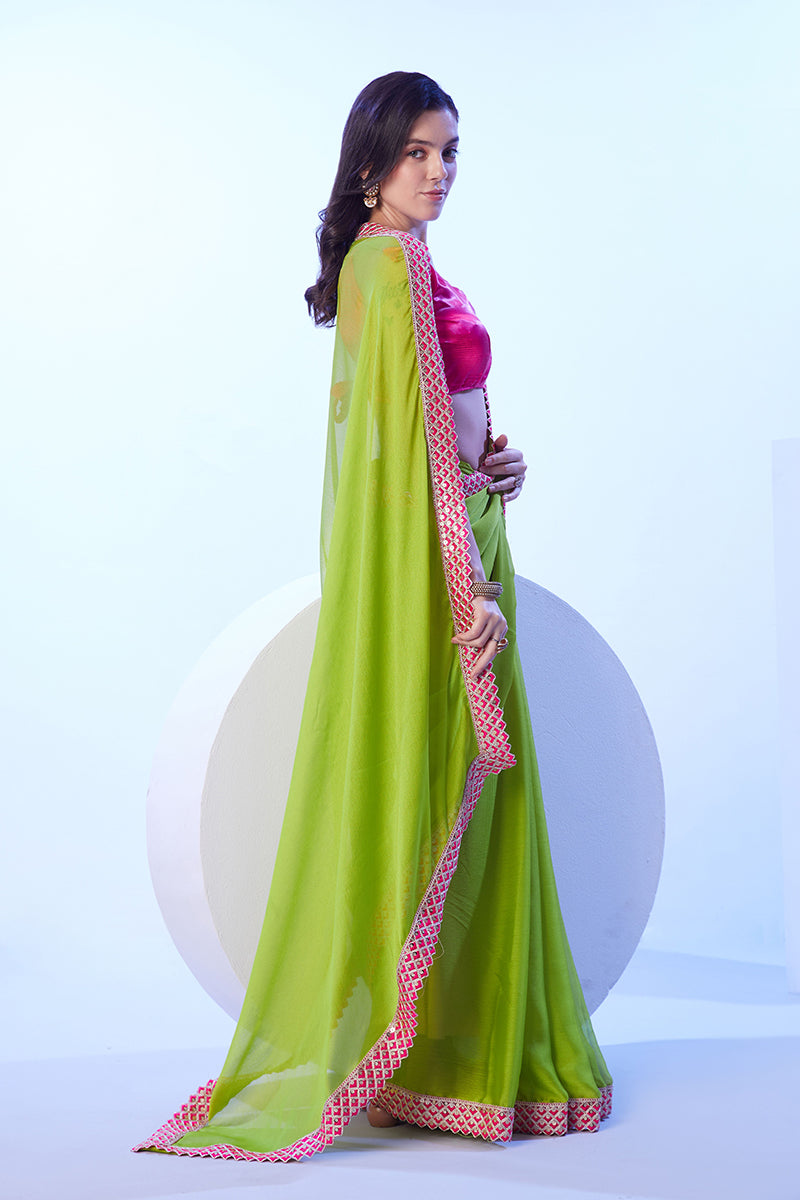 Monjolika Fashion Parrot Green Moss Lace Work Saree With Unstitched Blouse For Women