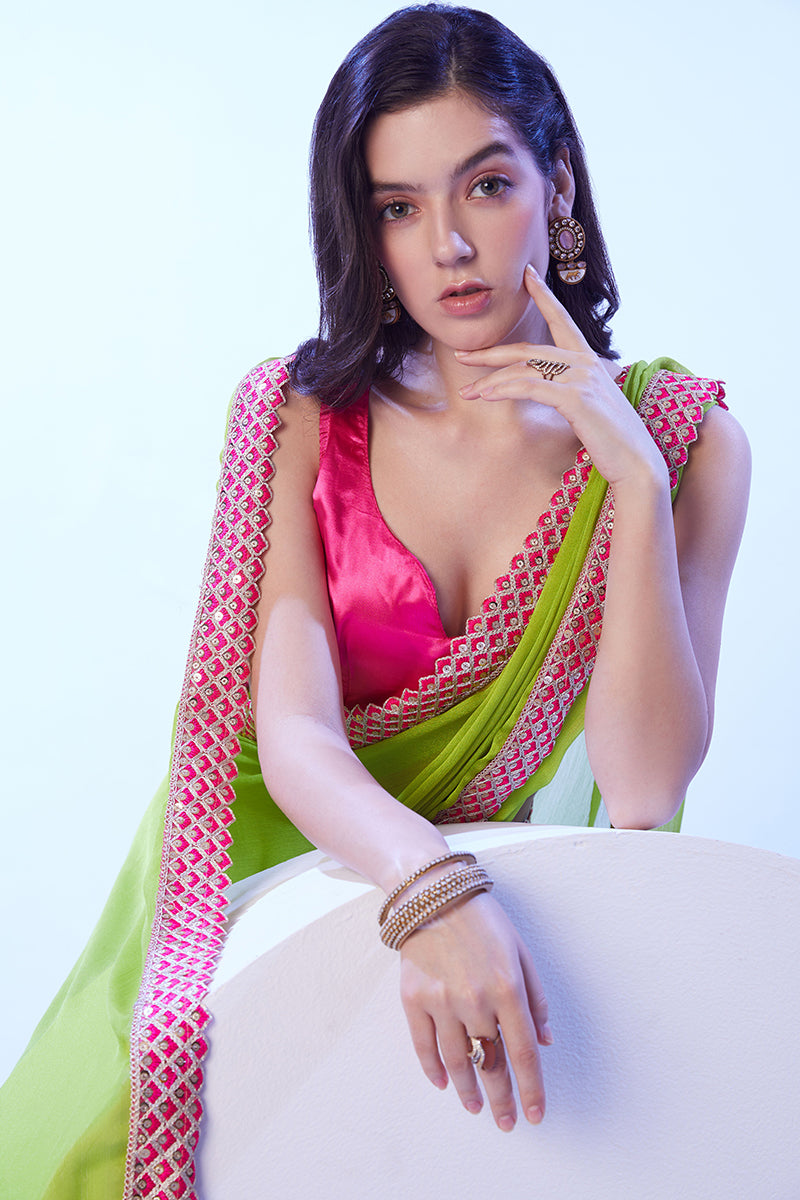 Monjolika Fashion Parrot Green Moss Lace Work Saree With Unstitched Blouse For Women