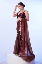 Thumbnail for Monjolika Fashion Coffee Brown Satin Saree with Art Silk Blouse and Lace Detailing