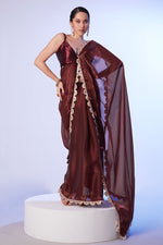 Thumbnail for Monjolika Fashion Coffee Brown Satin Saree with Art Silk Blouse and Lace Detailing