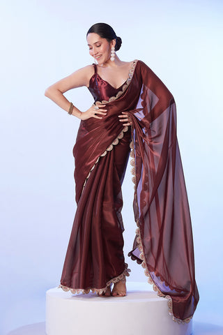 Monjolika Fashion Coffee Brown Satin Saree with Art Silk Blouse and Lace Detailing