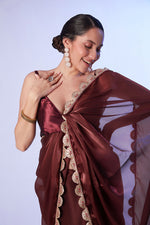 Thumbnail for Monjolika Fashion Coffee Brown Satin Saree with Art Silk Blouse and Lace Detailing