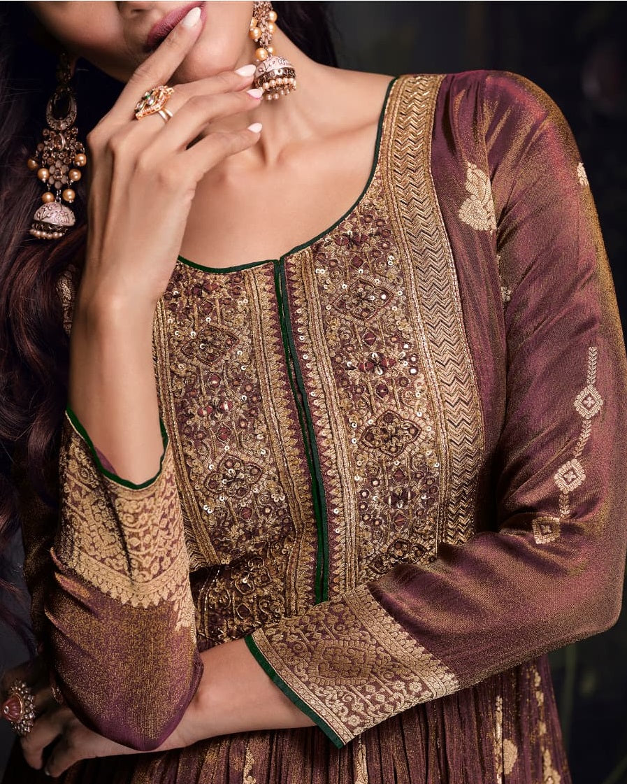 Anaita Copper Viscose Simar Jacquard Stitched Handmade Khatli Work Anarkali Gown - Distacart
