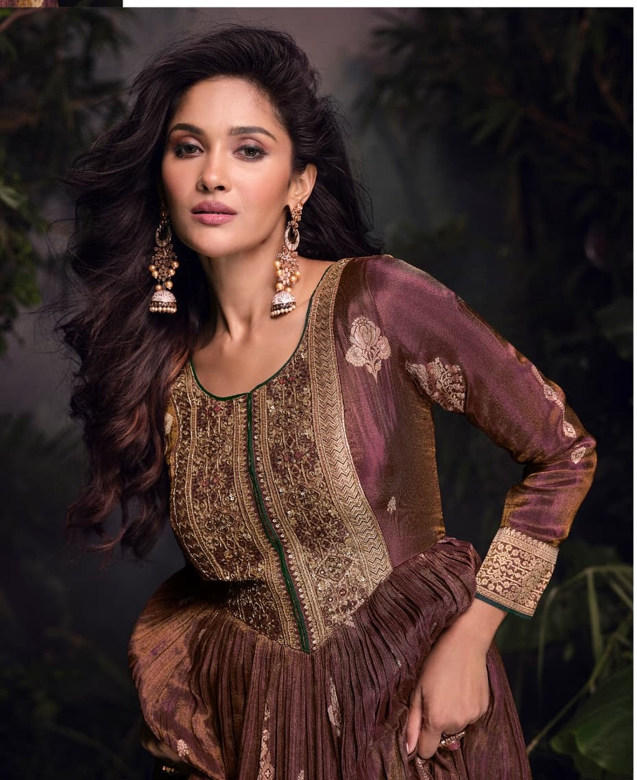 Anaita Copper Viscose Simar Jacquard Stitched Handmade Khatli Work Anarkali Gown - Distacart