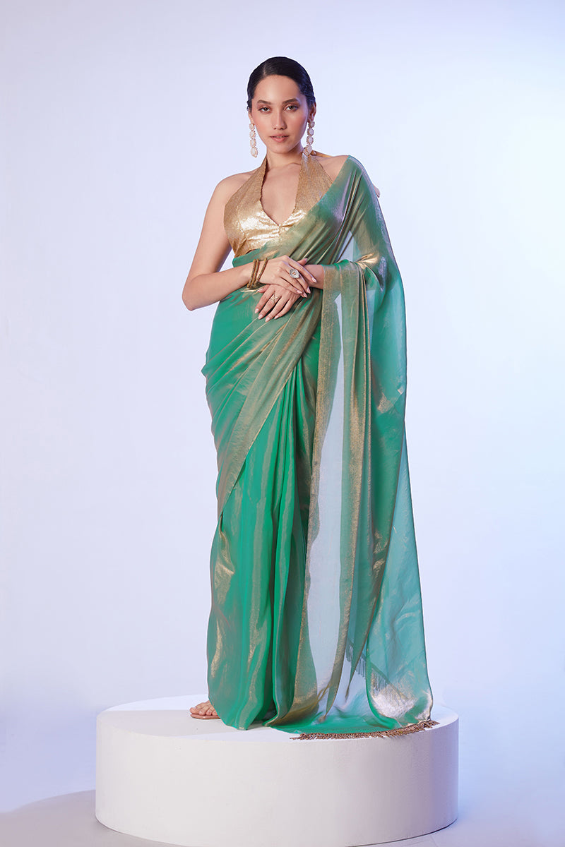 Monjolika Fashion Sea Green Satin Gold Organza Saree with Gold Art Silk Blouse and Lace Detailing