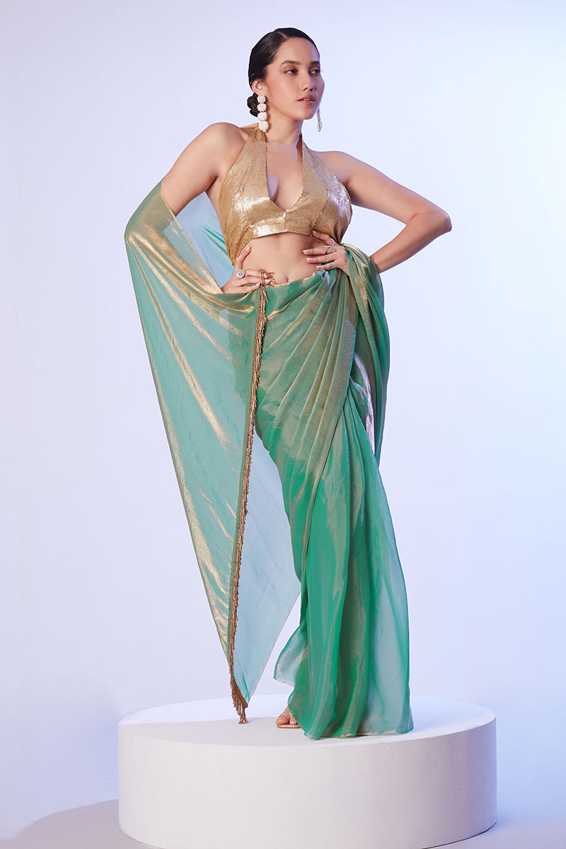 Monjolika Fashion Sea Green Satin Gold Organza Saree with Gold Art Silk Blouse and Lace Detailing
