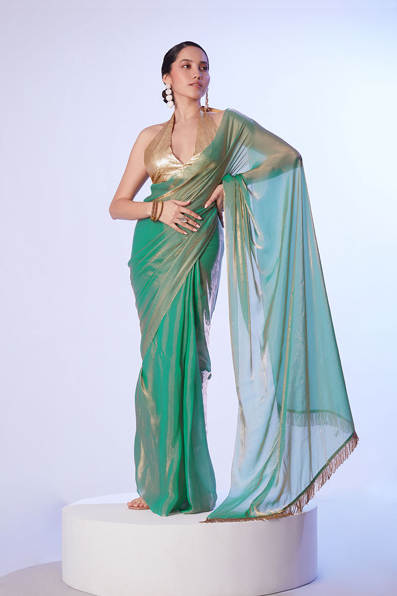 Monjolika Fashion Sea Green Satin Gold Organza Saree with Gold Art Silk Blouse and Lace Detailing