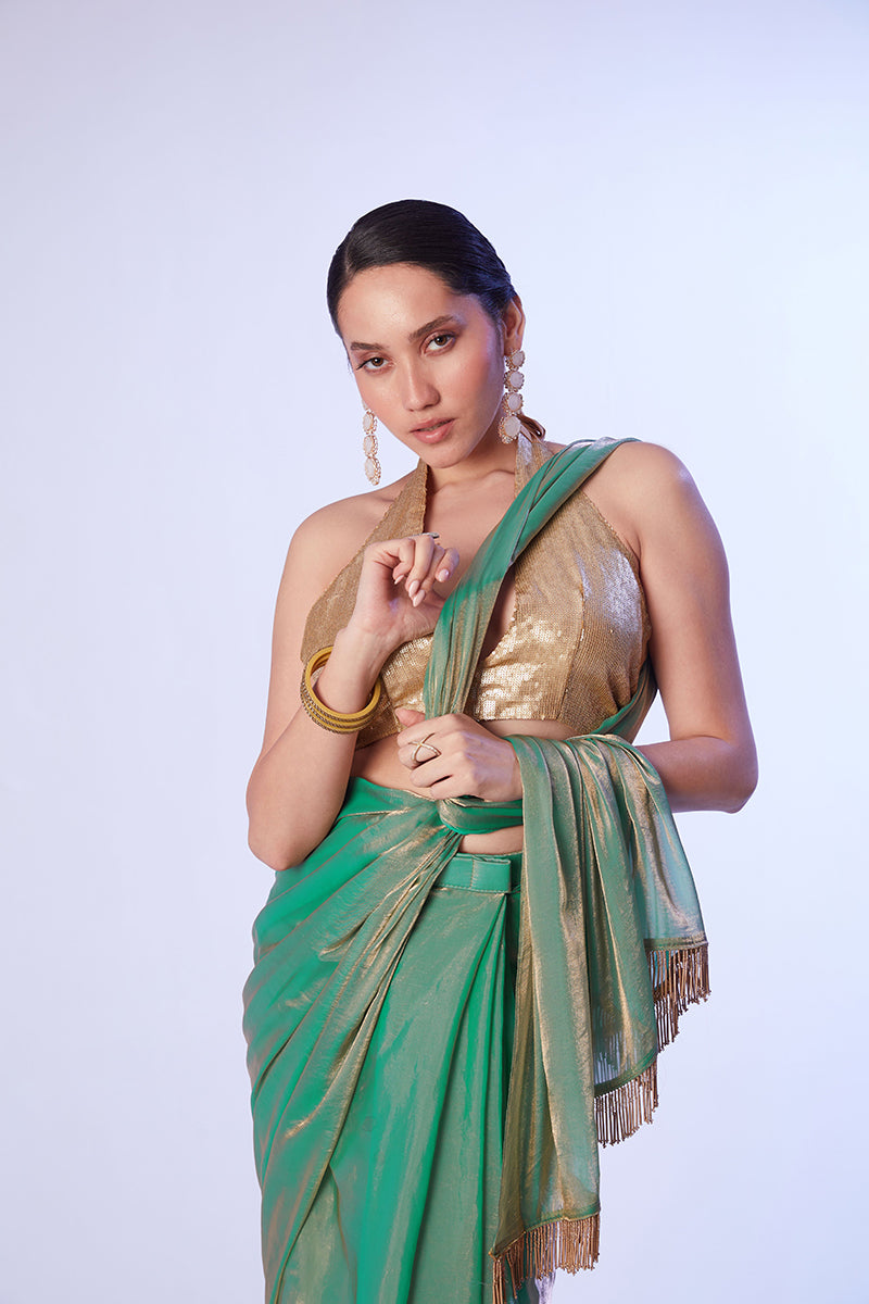 Monjolika Fashion Sea Green Satin Gold Organza Saree with Gold Art Silk Blouse and Lace Detailing