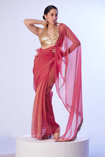 Thumbnail for Monjolika Fashion Dark Rose Pink Satin Gold Organza Saree with Gold Art Silk Blouse and Lace Detailing