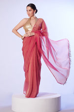 Thumbnail for Monjolika Fashion Dark Rose Pink Satin Gold Organza Saree with Gold Art Silk Blouse and Lace Detailing