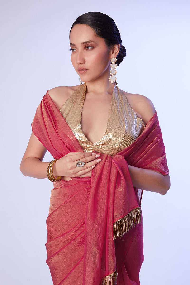Monjolika Fashion Dark Rose Pink Satin Gold Organza Saree with Gold Art Silk Blouse and Lace Detailing