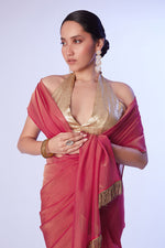 Thumbnail for Monjolika Fashion Dark Rose Pink Satin Gold Organza Saree with Gold Art Silk Blouse and Lace Detailing