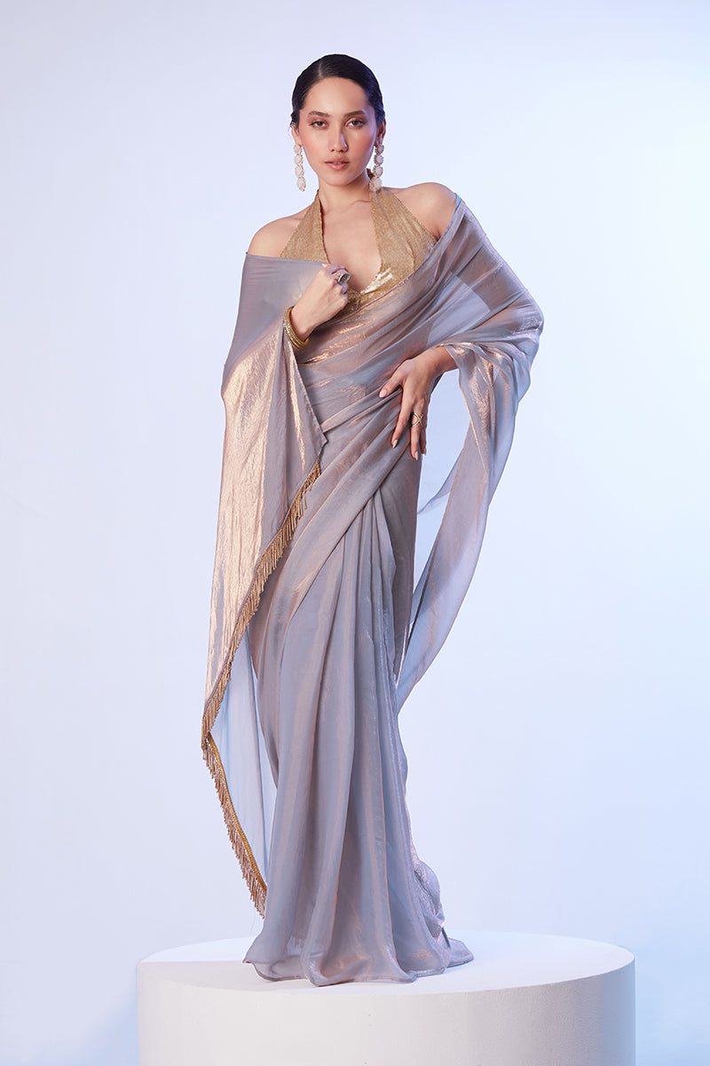 Monjolika Fashion Grey Satin Gold Organza Saree with Gold Art Silk Blouse and Lace Detailing