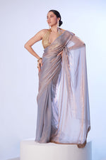Thumbnail for Monjolika Fashion Grey Satin Gold Organza Saree with Gold Art Silk Blouse and Lace Detailing