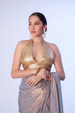 Thumbnail for Monjolika Fashion Grey Satin Gold Organza Saree with Gold Art Silk Blouse and Lace Detailing