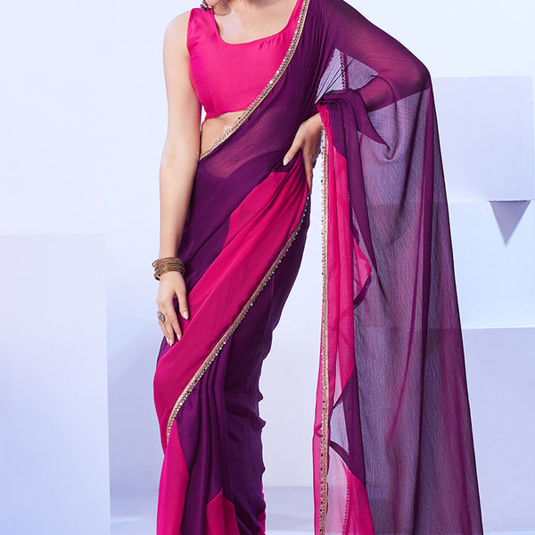 Monjolika Fashion Satin Moss Purple & Pink Colour Lace Designer Saree