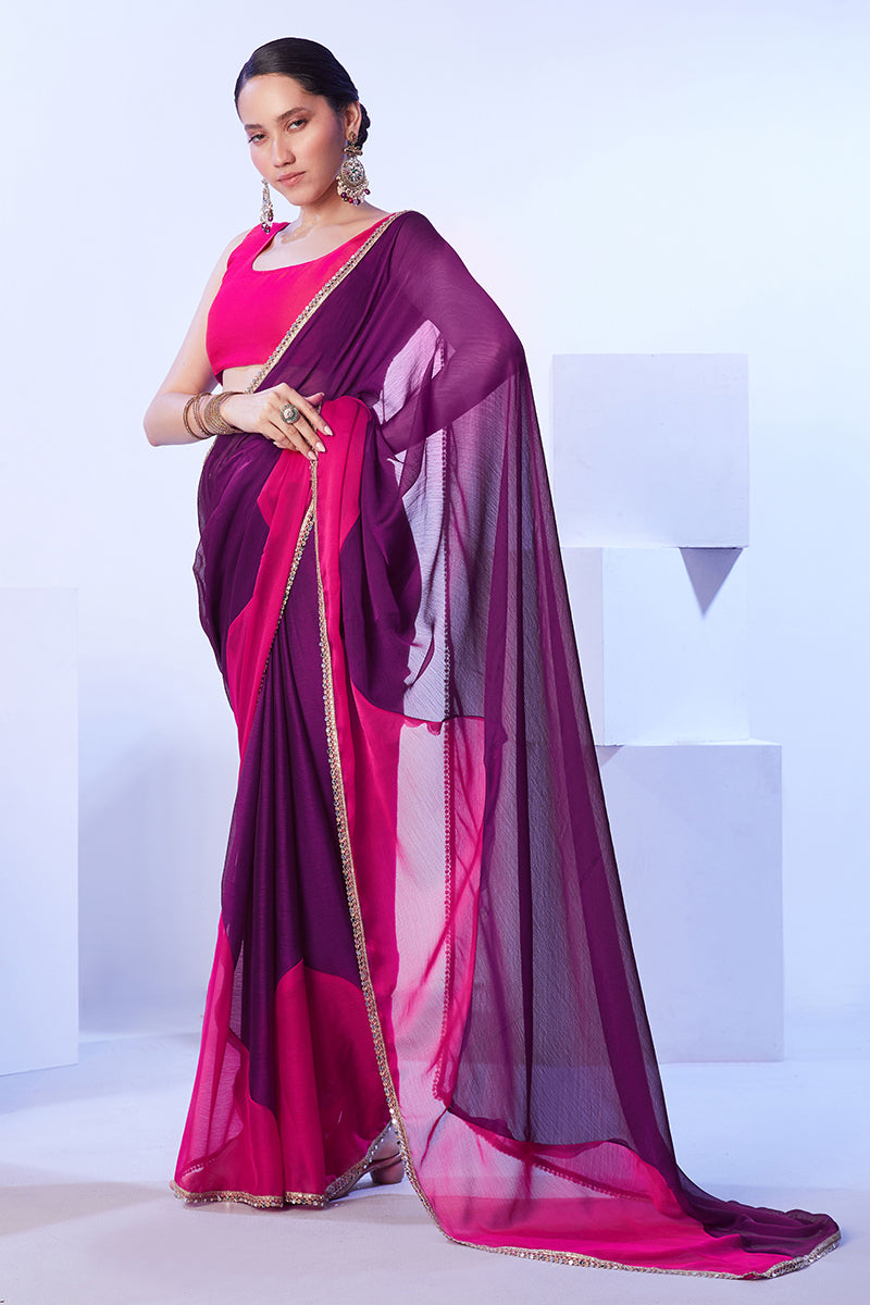 Monjolika Fashion Satin Moss Purple & Pink Colour Lace Designer Saree