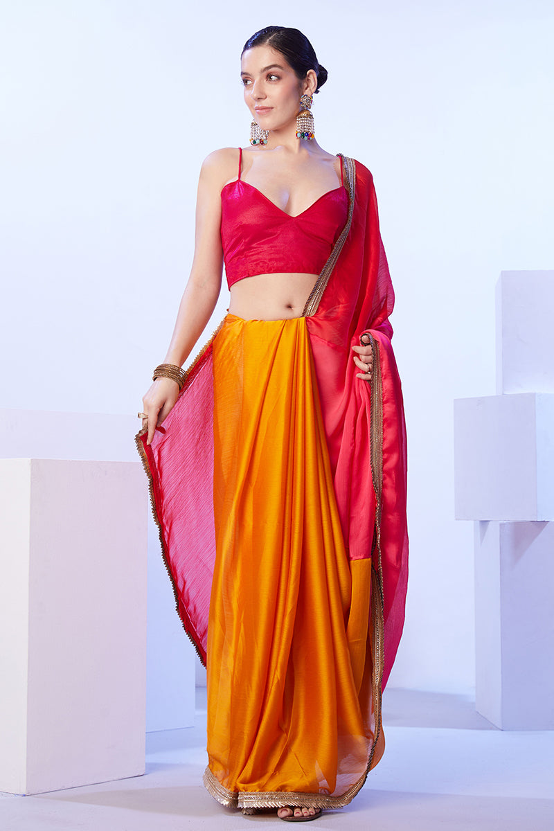 Monjolika Fashion Satin Moss Orange & Red Colour Lace Designer Saree - Distacart