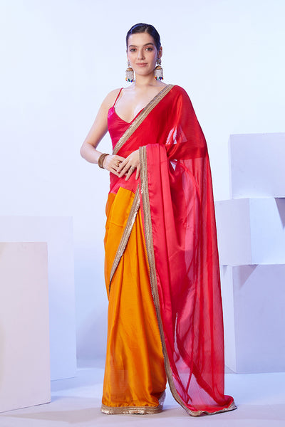 Monjolika Fashion Satin Moss Orange & Red Colour Lace Designer Saree