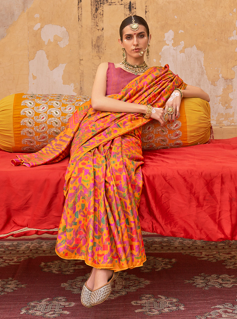 Monjolika Fashion Silk Blend Printed Orange Trendy Saree For Casual - Distacart