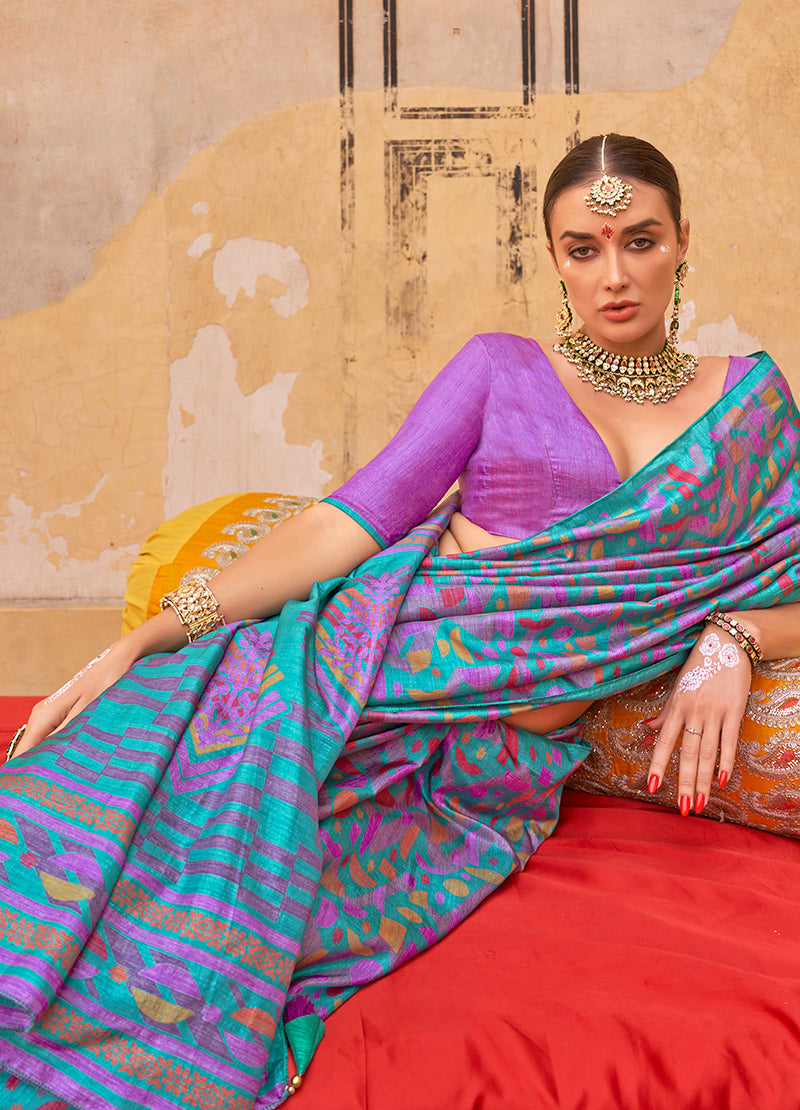 Monjolika Fashion Silk Blend Printed Turquoise Trendy Saree For Casual - Distacart