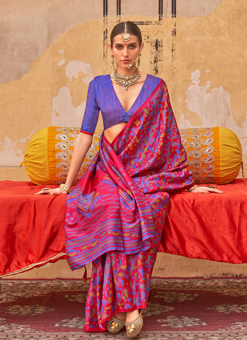 Monjolika Fashion Silk Blend Printed Rani Pink Trendy Saree For Casual