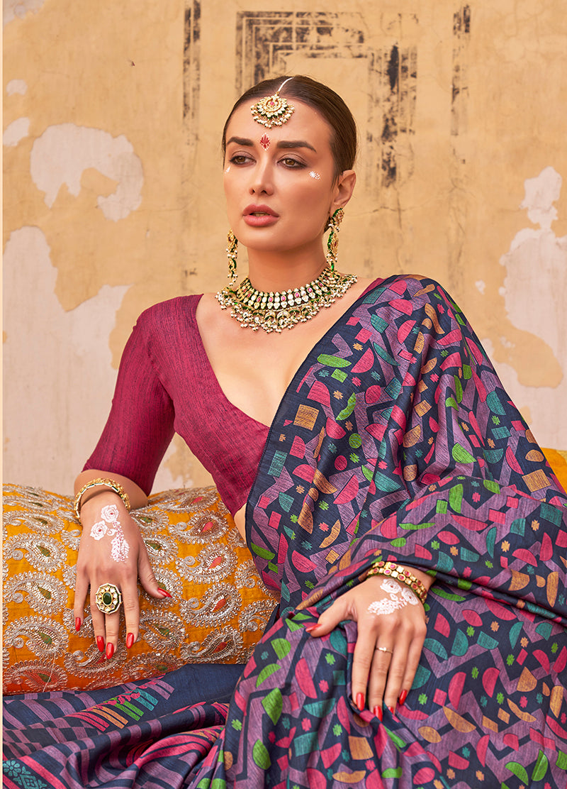 Monjolika Fashion Silk Blend Printed Navy Blue Trendy Saree For Casual