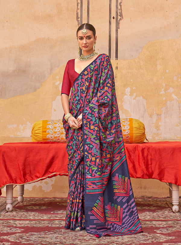 Monjolika Fashion Silk Blend Printed Navy Blue Trendy Saree For Casual