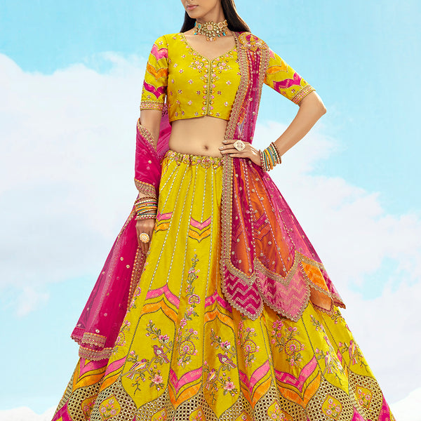 Monjolika Fashion Yellow & Pink Silk Heavy Embroidered Bridal Lehenga Choli - Distacart