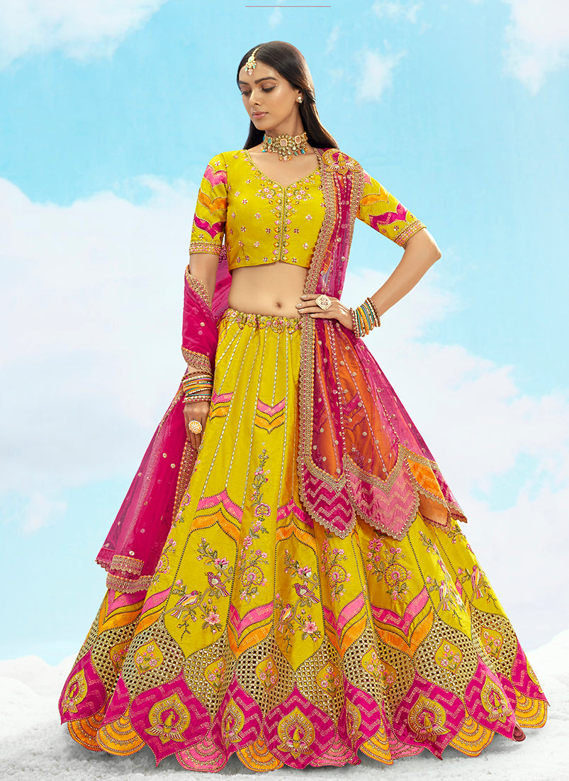 Monjolika Fashion Yellow & Pink Silk Heavy Embroidered Bridal Lehenga Choli - Distacart