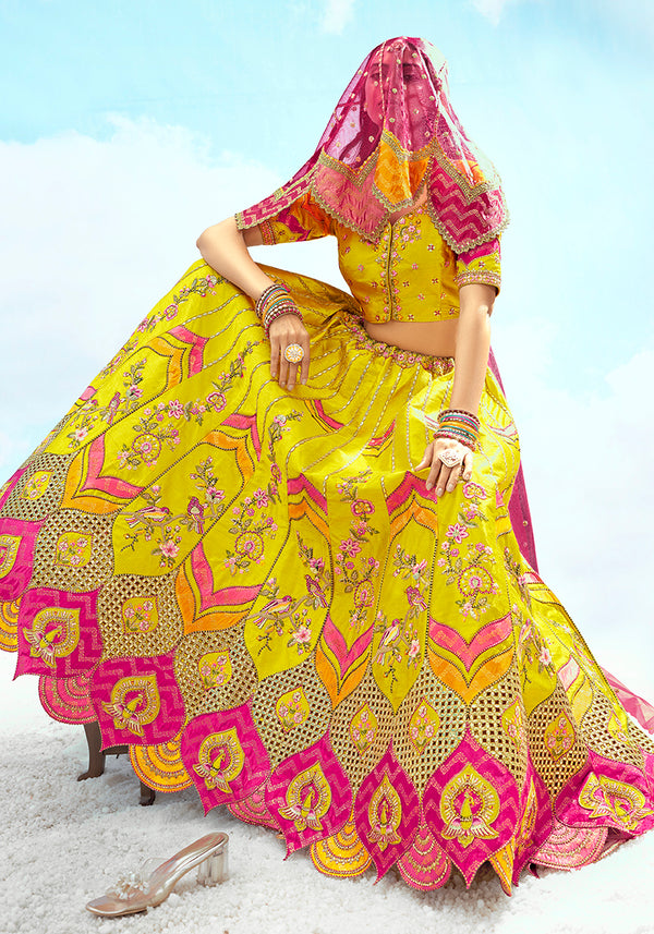 Monjolika Fashion Yellow & Pink Silk Heavy Embroidered Bridal Lehenga Choli