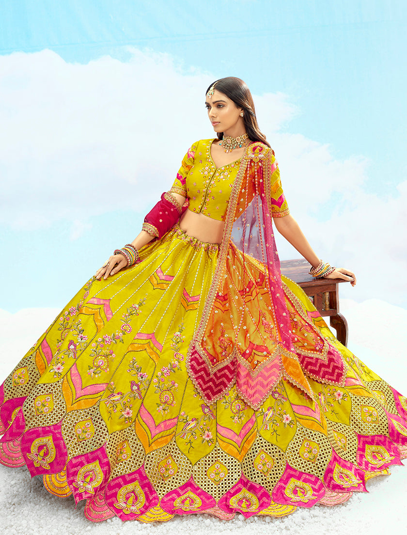 Monjolika Fashion Yellow & Pink Silk Heavy Embroidered Bridal Lehenga Choli