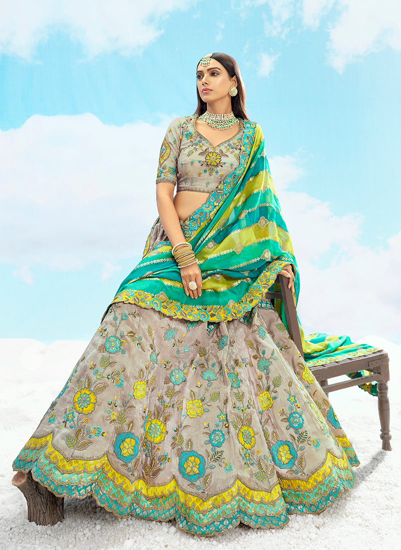 Monjolika Fashion Light Grey & Sea Green Silk Bridal Lehenga Choli with Sequence Embroidery - Distacart