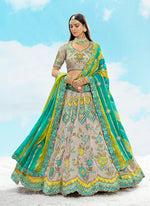 Thumbnail for Monjolika Fashion Light Grey & Sea Green Silk Bridal Lehenga Choli with Sequence Embroidery