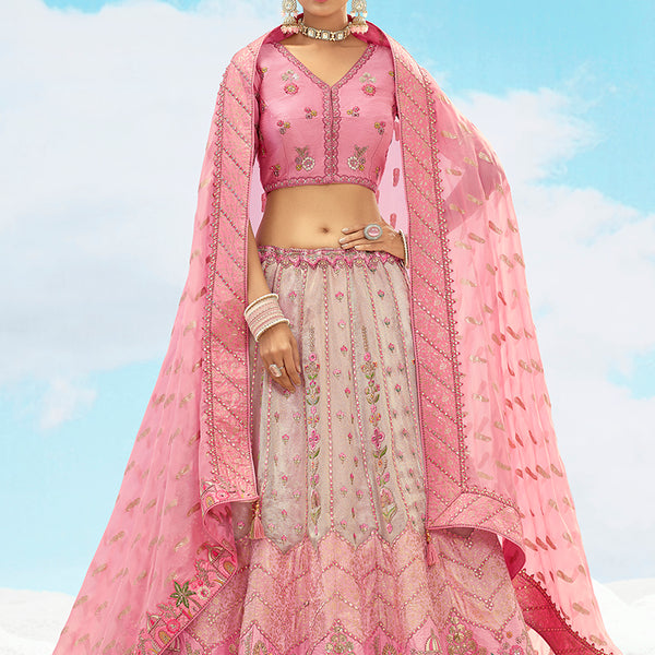 Monjolika Fashion Pink Silk Sequins Trendy Reception Lehenga Choli