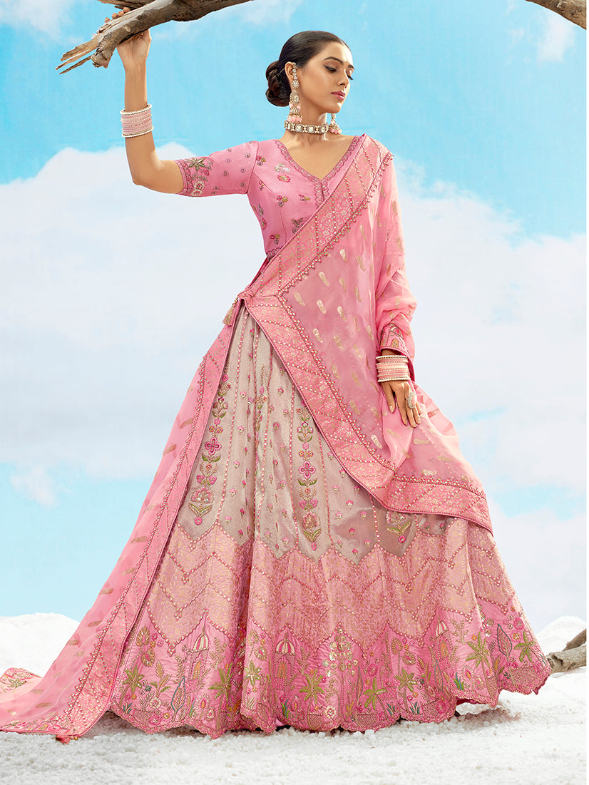 Monjolika Fashion Pink Silk Sequins Trendy Reception Lehenga Choli