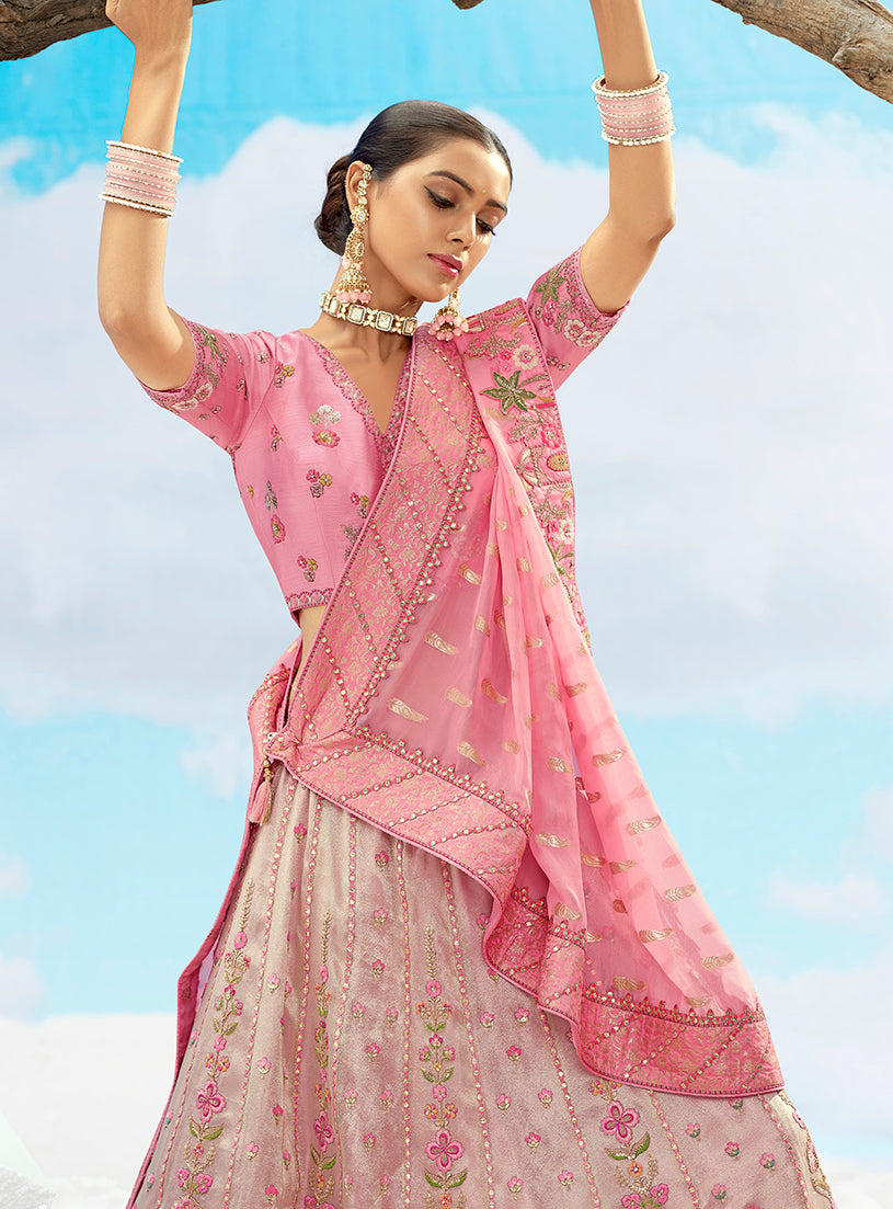 Monjolika Fashion Pink Silk Sequins Trendy Reception Lehenga Choli